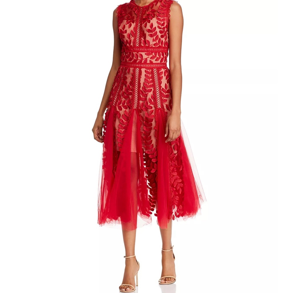 Bronx and Banco Bold Red Lace & Appliqué Midi Dress - Picture 1 of 11